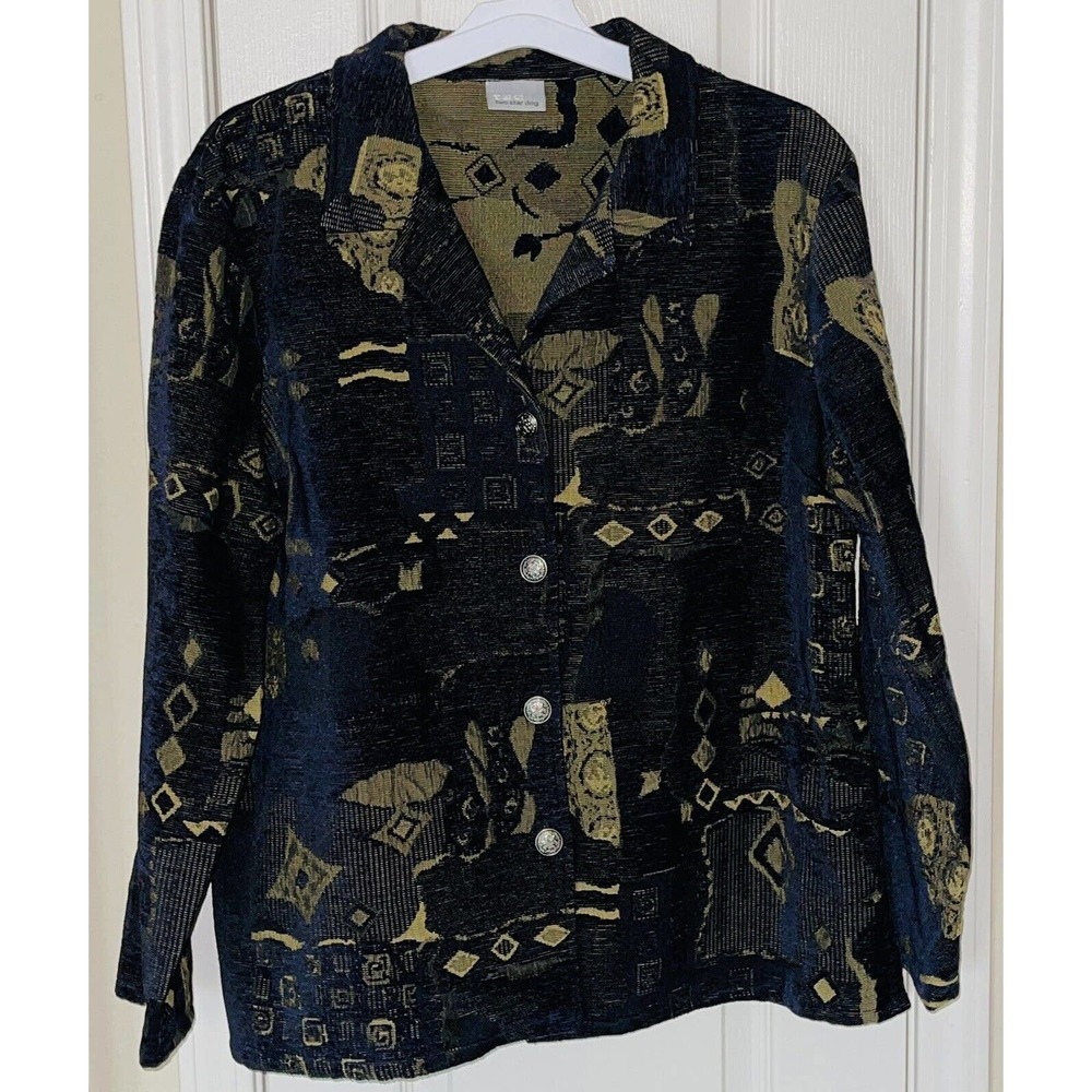 TSD Two Star Dog Women's Navy Gold Black Tapestry Print Duster Jacket Size Large